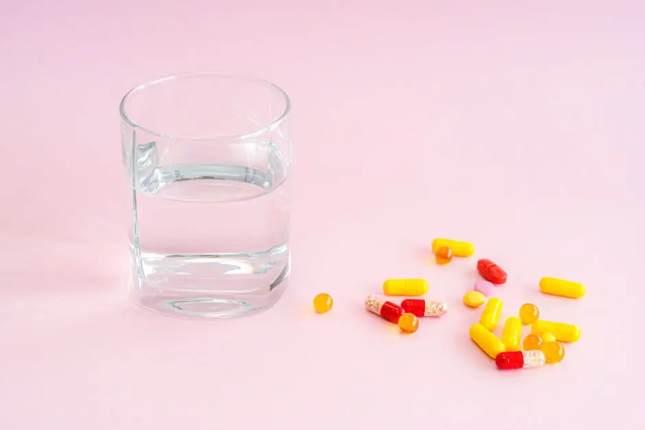 A glass of water and variety of pills on a pink background, symbolizing medication.