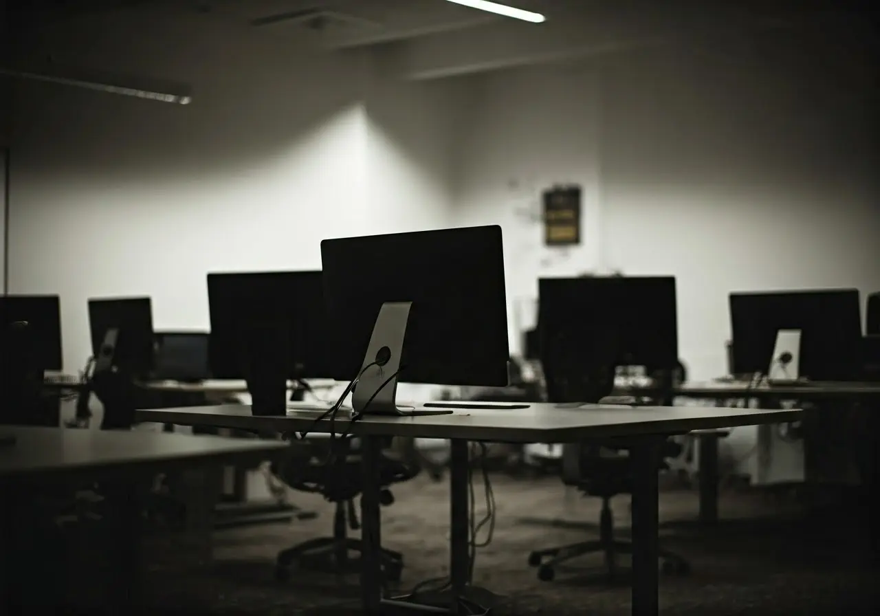 A modern office workspace with computers and organized desks. 35mm stock photo