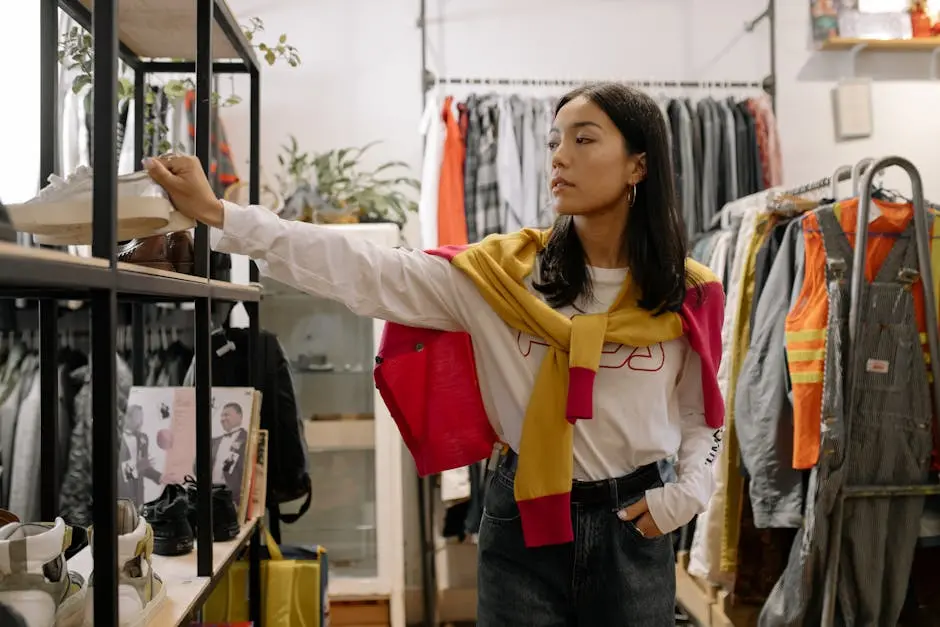 Woman in Yellow Jacket and Blue Denim Jeans Standing Near Clothes Rack