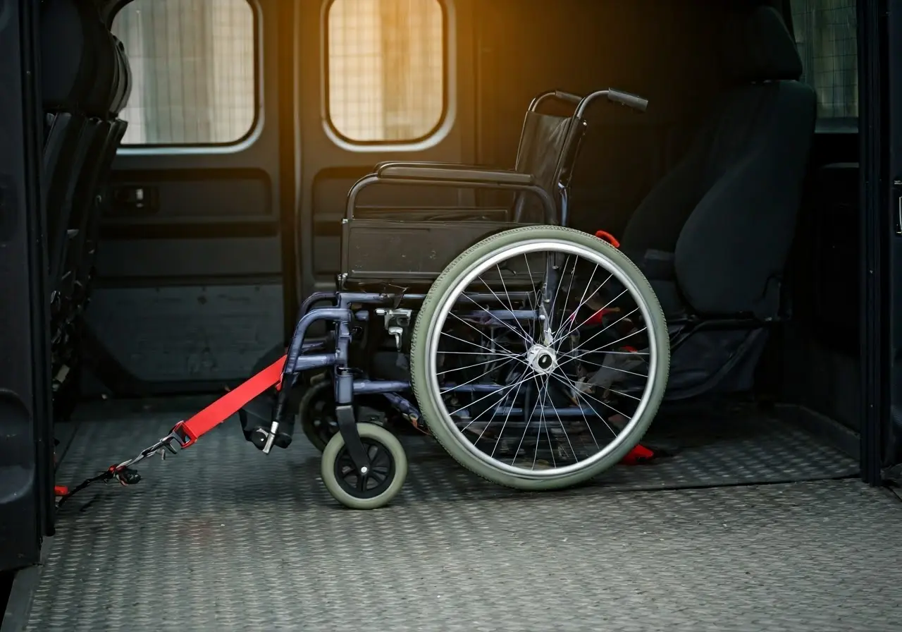 A wheelchair being secured in a specially equipped vehicle. 35mm stock photo