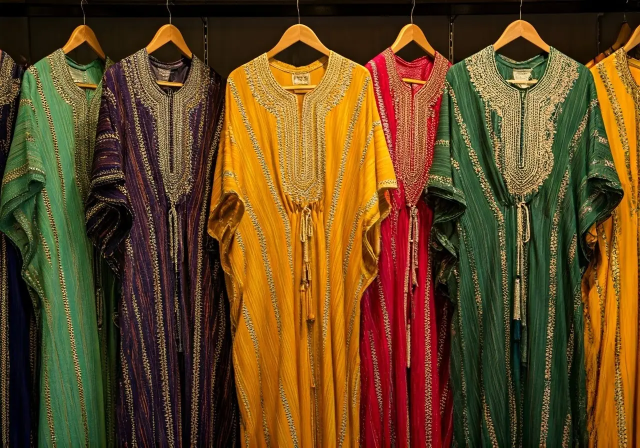 A colorful rack of displayed kaftans in a boutique shop. 35mm stock photo