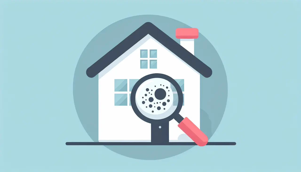 Draw a graphic in flat design style. Prompt: A simplified house with a magnifying glass focusing on a small, dark mold spot on one wall.