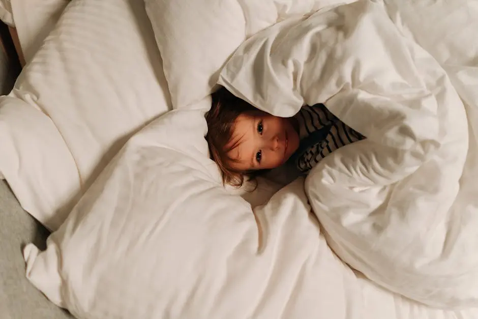 Little child snuggled warmly in soft blankets, enjoying bedtime comfort.