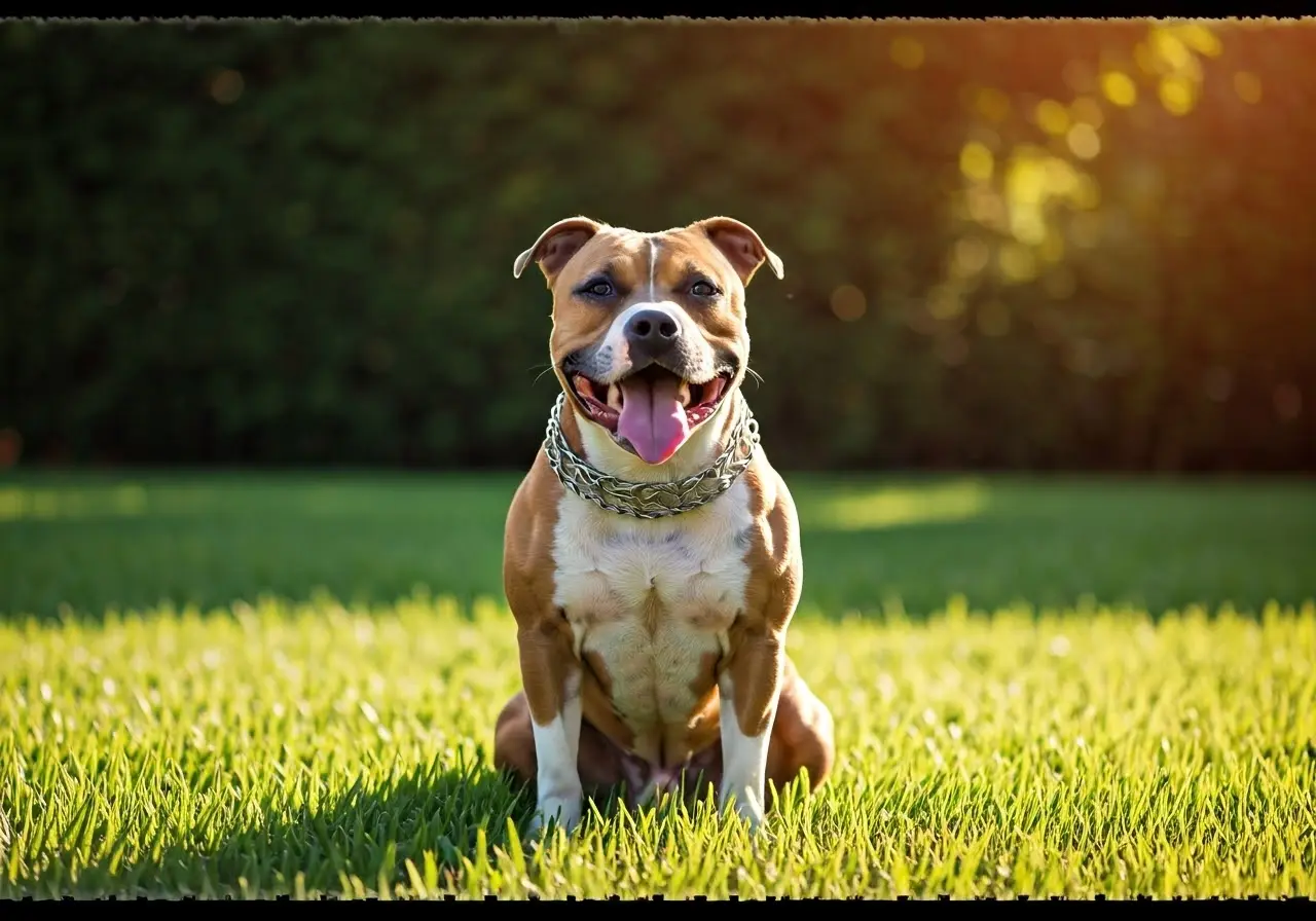 American Staffordshire Terrier sitting happily in a sunny backyard. 35mm stock photo