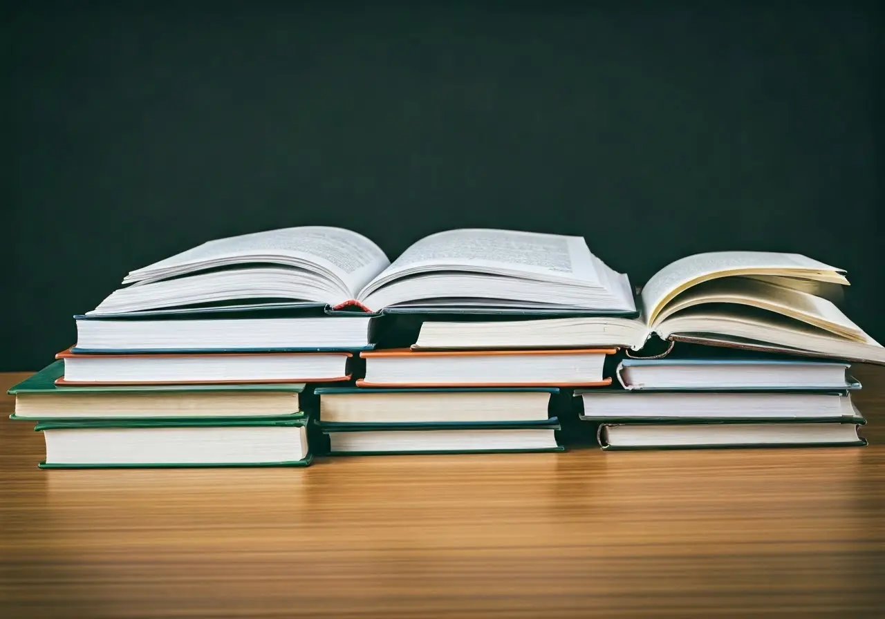 A collection of opened medical textbooks on a wooden desk. 35mm stock photo