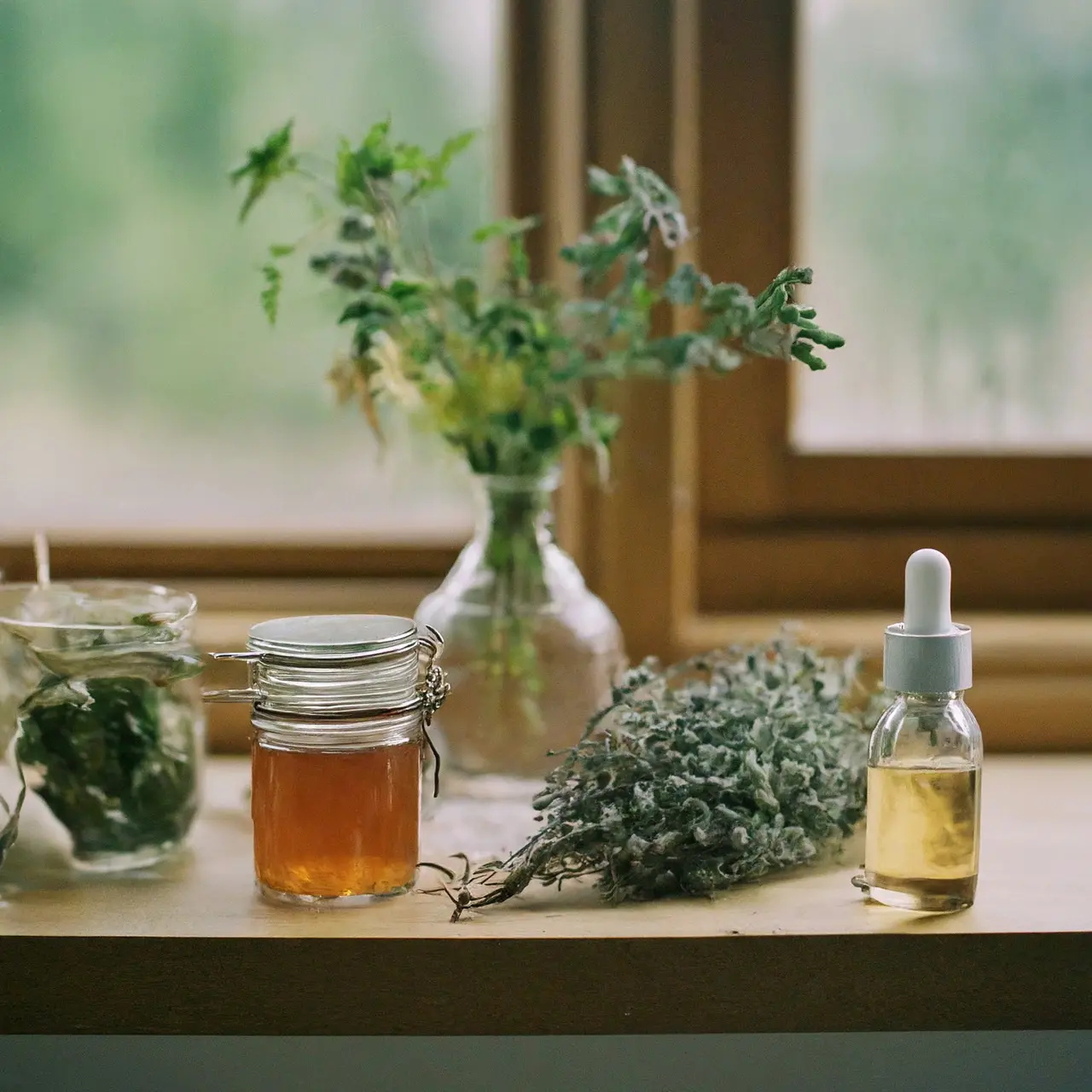 Various herbal remedies and essential oils on a wooden shelf. 35mm stock photo