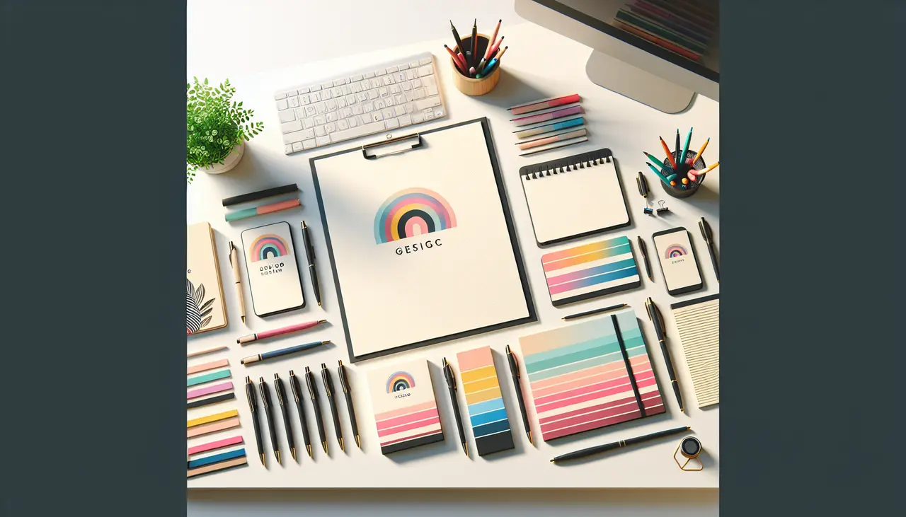 Draw a graphic in flat design style. A colorful array of personalized notepads and pens arranged neatly on a minimalist desk.