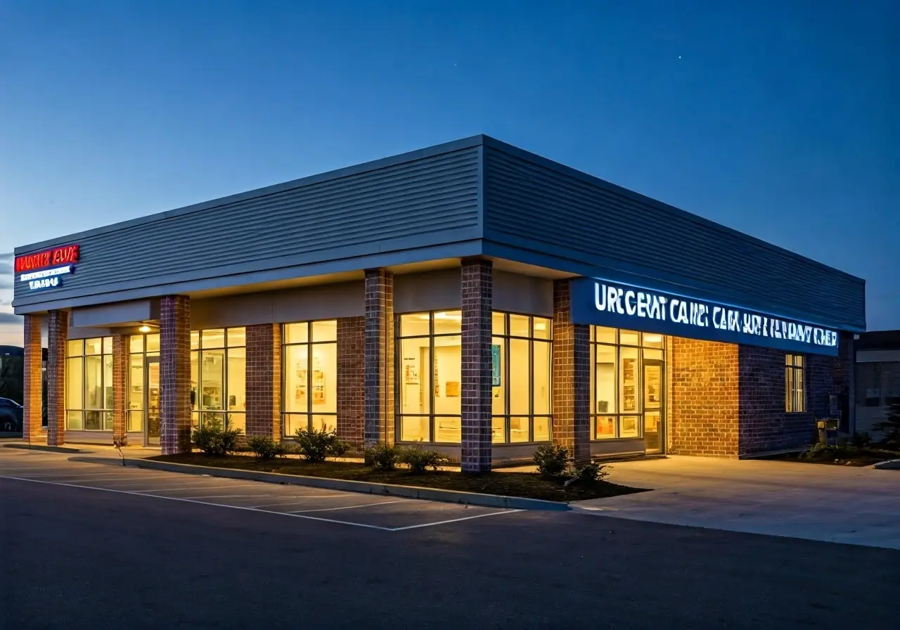 A well-lit urgent care clinic exterior with clear signage. 35mm stock photo