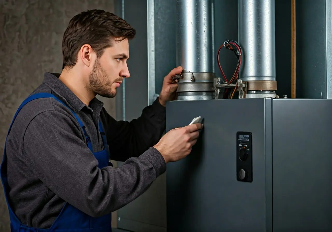 A technician inspecting a furnace for maintenance purposes. 35mm stock photo