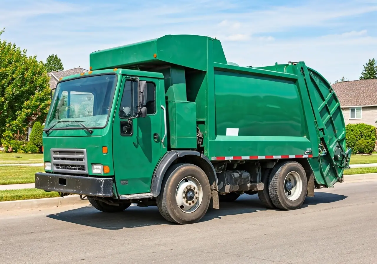 Green garbage truck collecting waste in a suburban neighborhood. 35mm stock photo