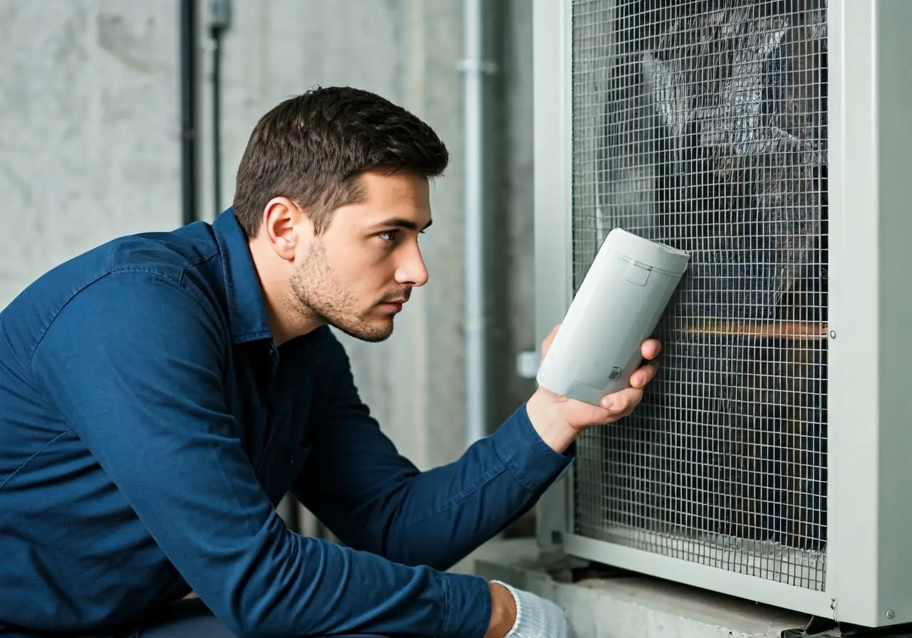 Image of a technician inspecting an HVAC unit. 35mm stock photo