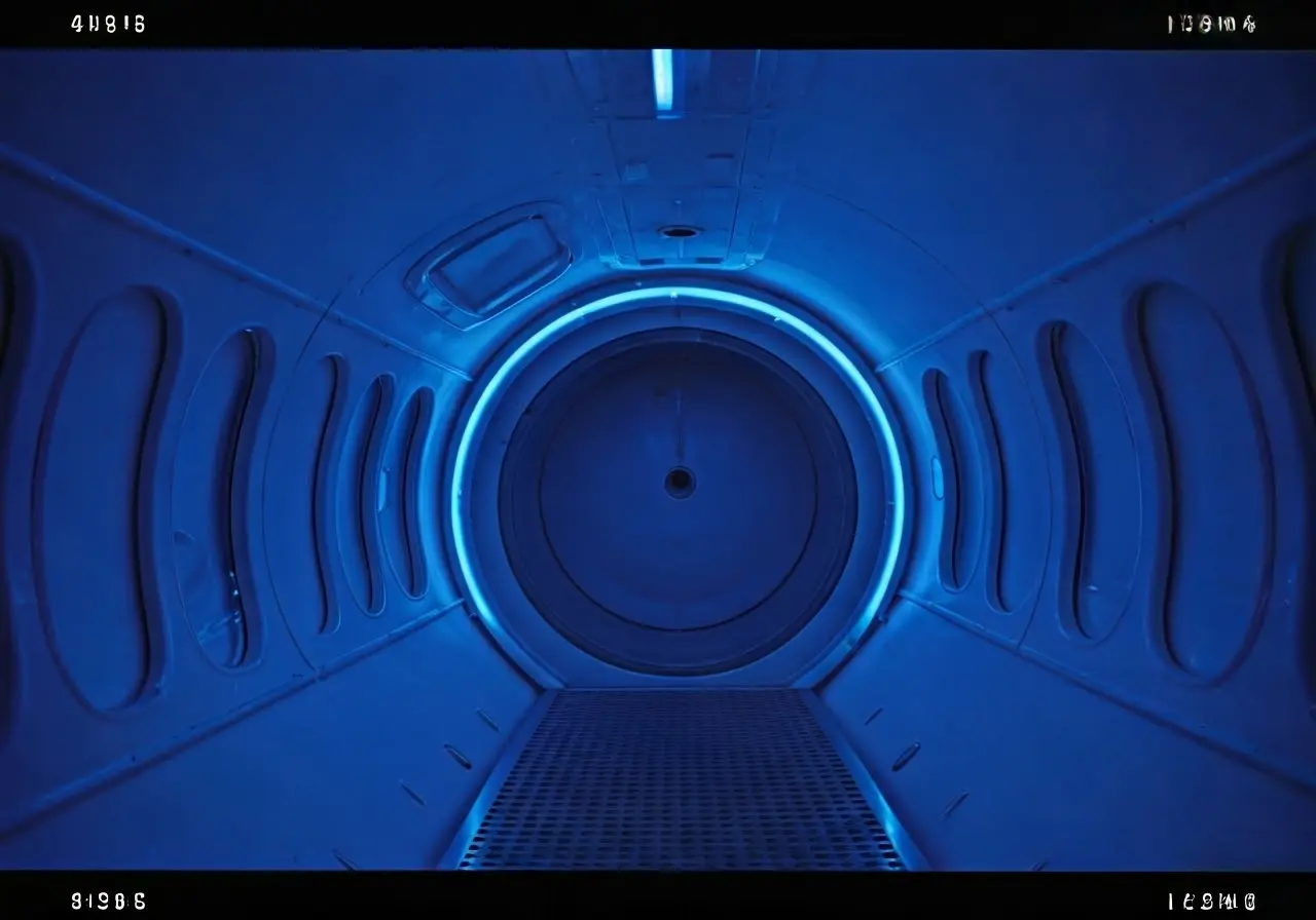 A serene hyperbaric chamber surrounded by calming blue lights. 35mm stock photo