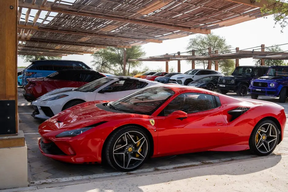 Collection of high-end sports cars parked under a bamboo-covered shelter on a sunny day.