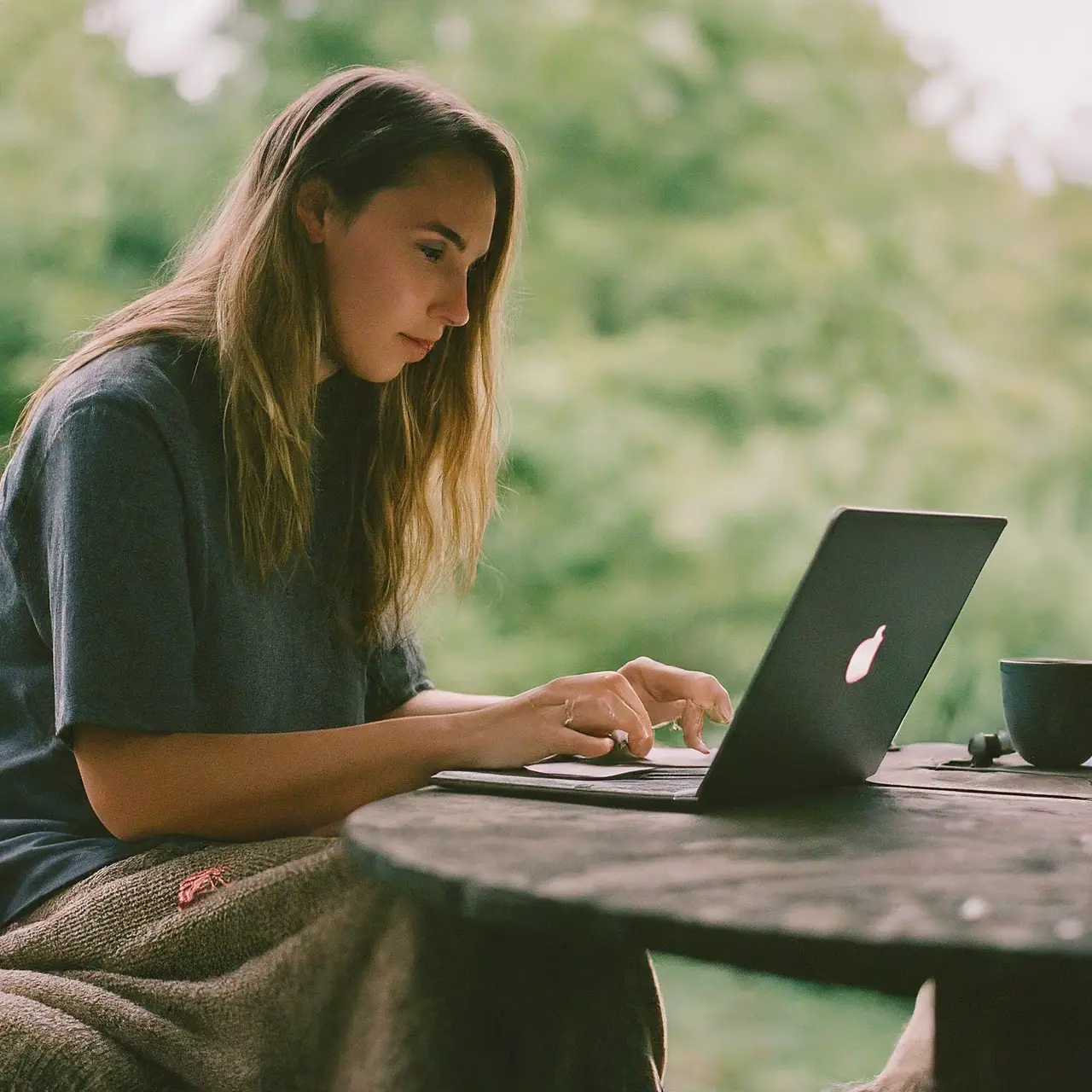 A woman using a laptop in a cozy, outdoor setting. 35mm stock photo