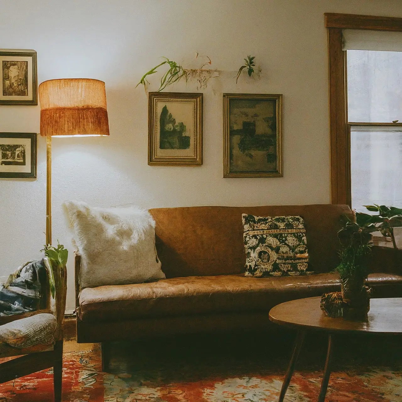 A cozy, vintage living room filled with eclectic, thrifted finds. 35mm stock photo