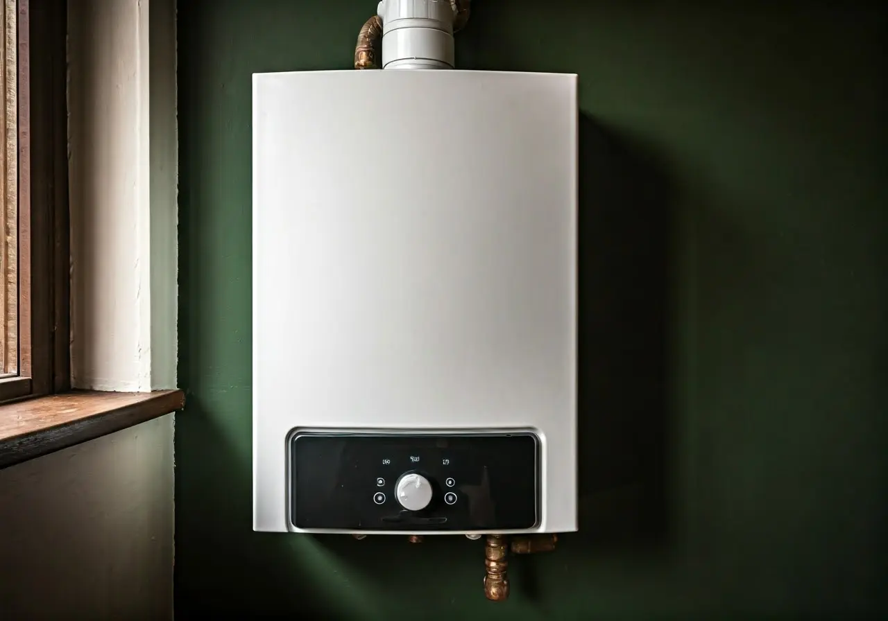 A modern boiler in a cozy Glasgow living room. 35mm stock photo