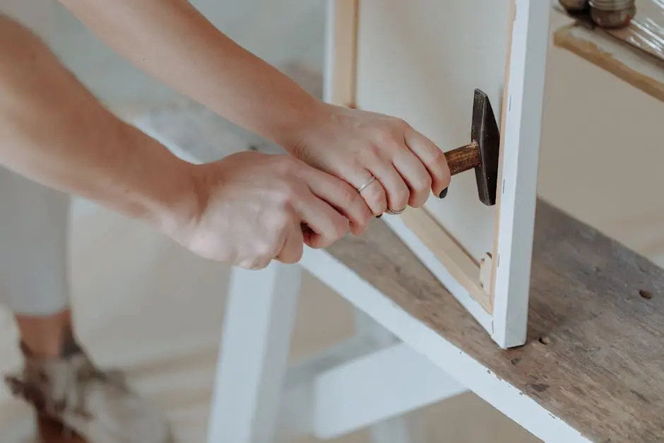 A detailed shot of hands using a hammer to assemble a wooden frame on a bench.