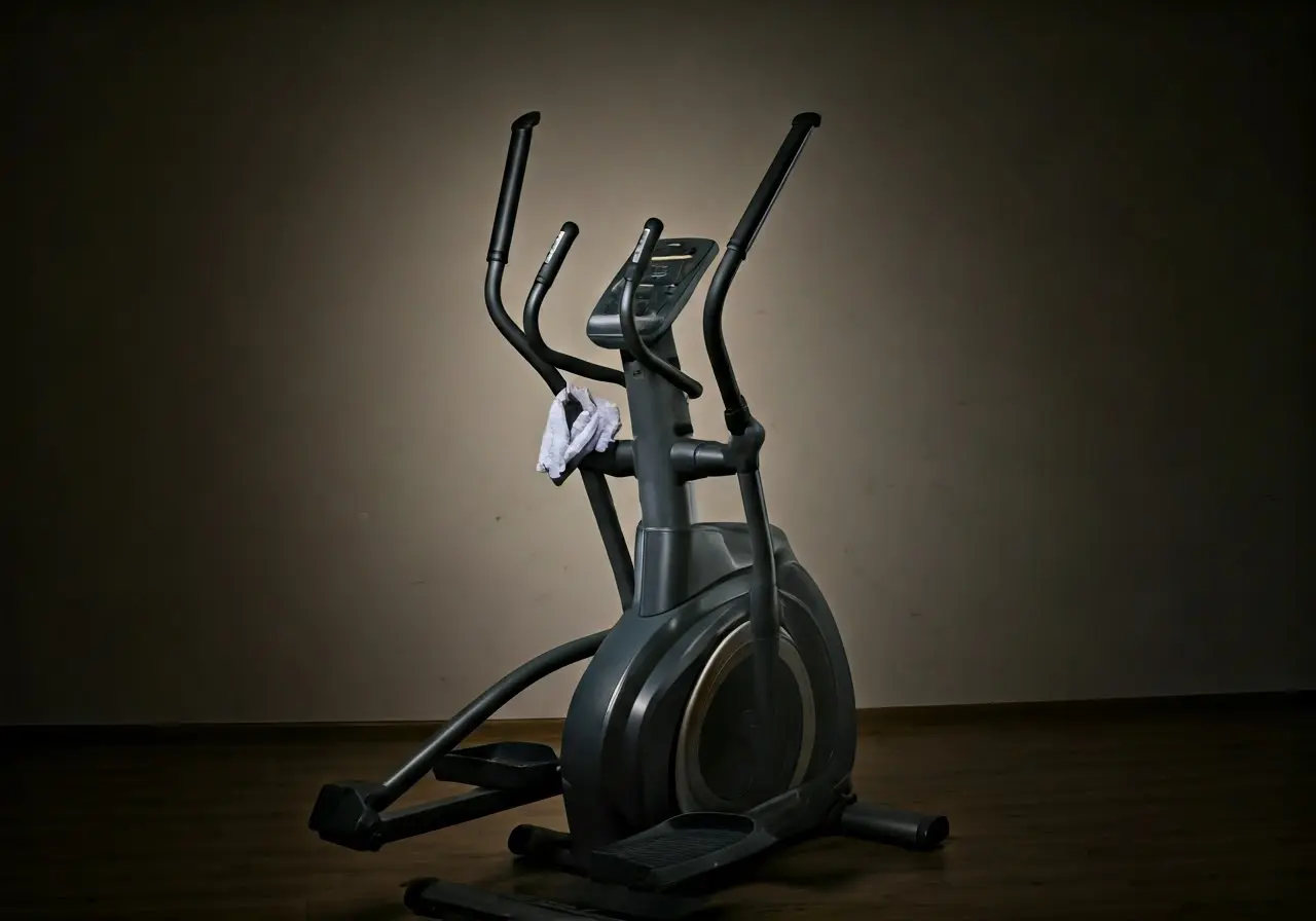 Elliptical machine being cleaned with a cloth. 35mm stock photo