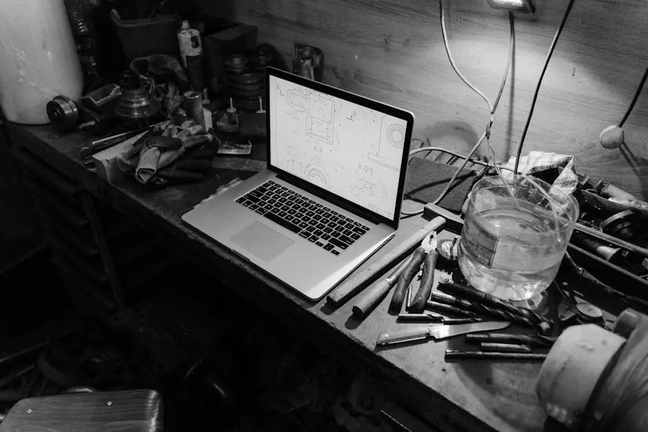 A Grayscale Photo of a Laptop on a Work Table