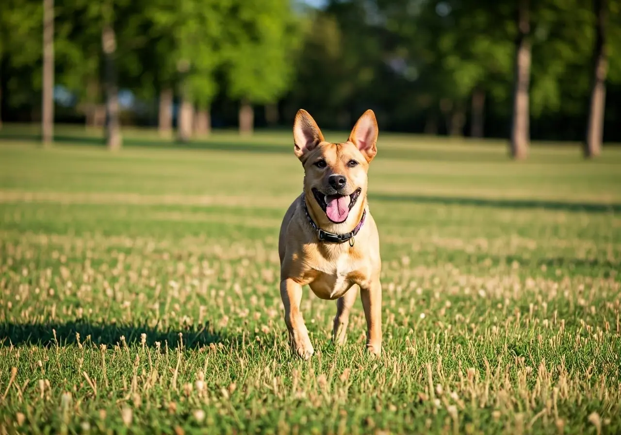 A happy dog playing fetch in a sunny park. 35mm stock photo