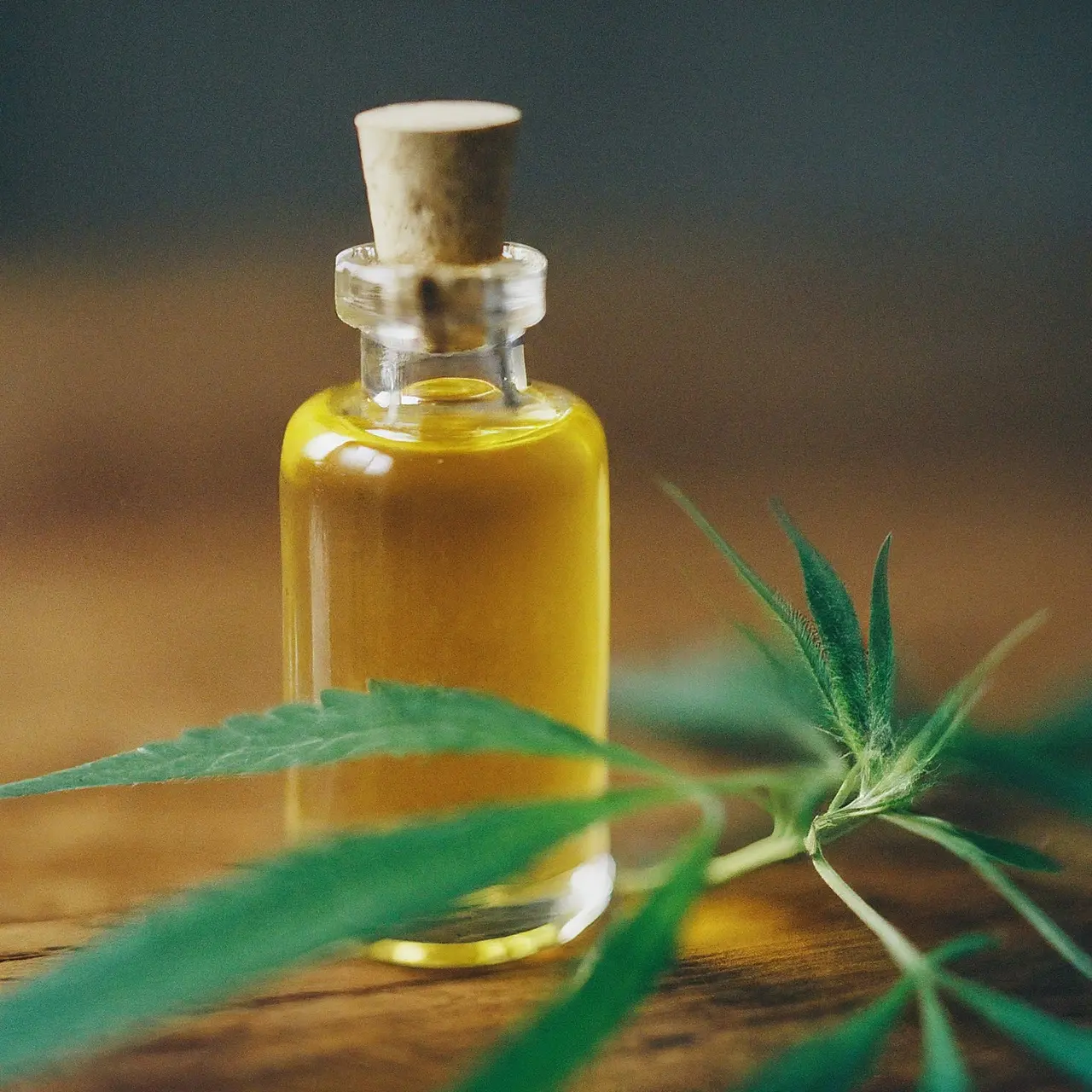 Close-up of THC oil and hemp leaves on wooden surface. 35mm stock photo