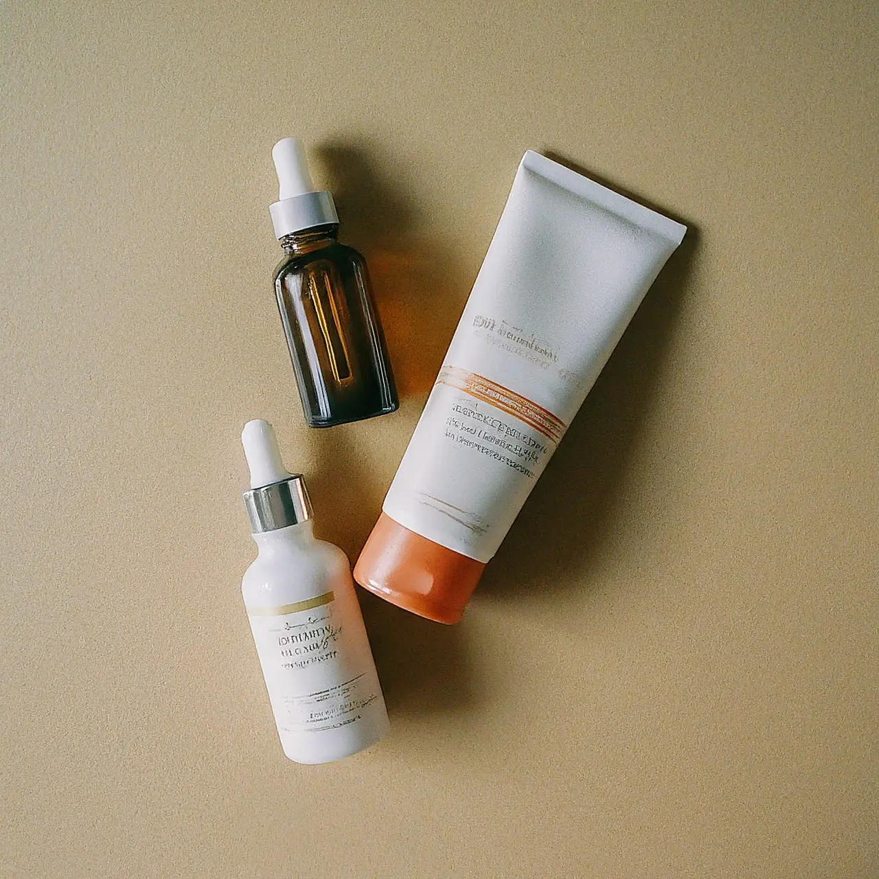 A flat lay of various skincare products and beauty serums. 35mm stock photo