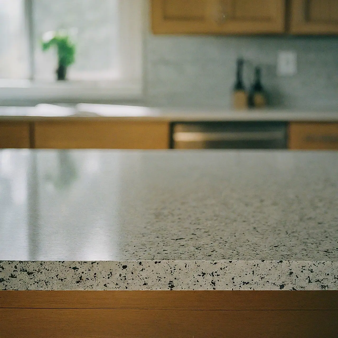 A close-up of a quartz countertop with a modern kitchen background. 35mm stock photo