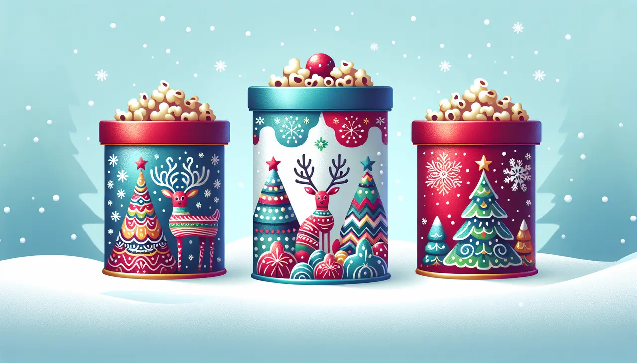 Draw a graphic in flat design style. A festive flat design featuring three colorful holiday-themed popcorn tins with snowflakes, reindeer, and Christmas trees on a snowy background.