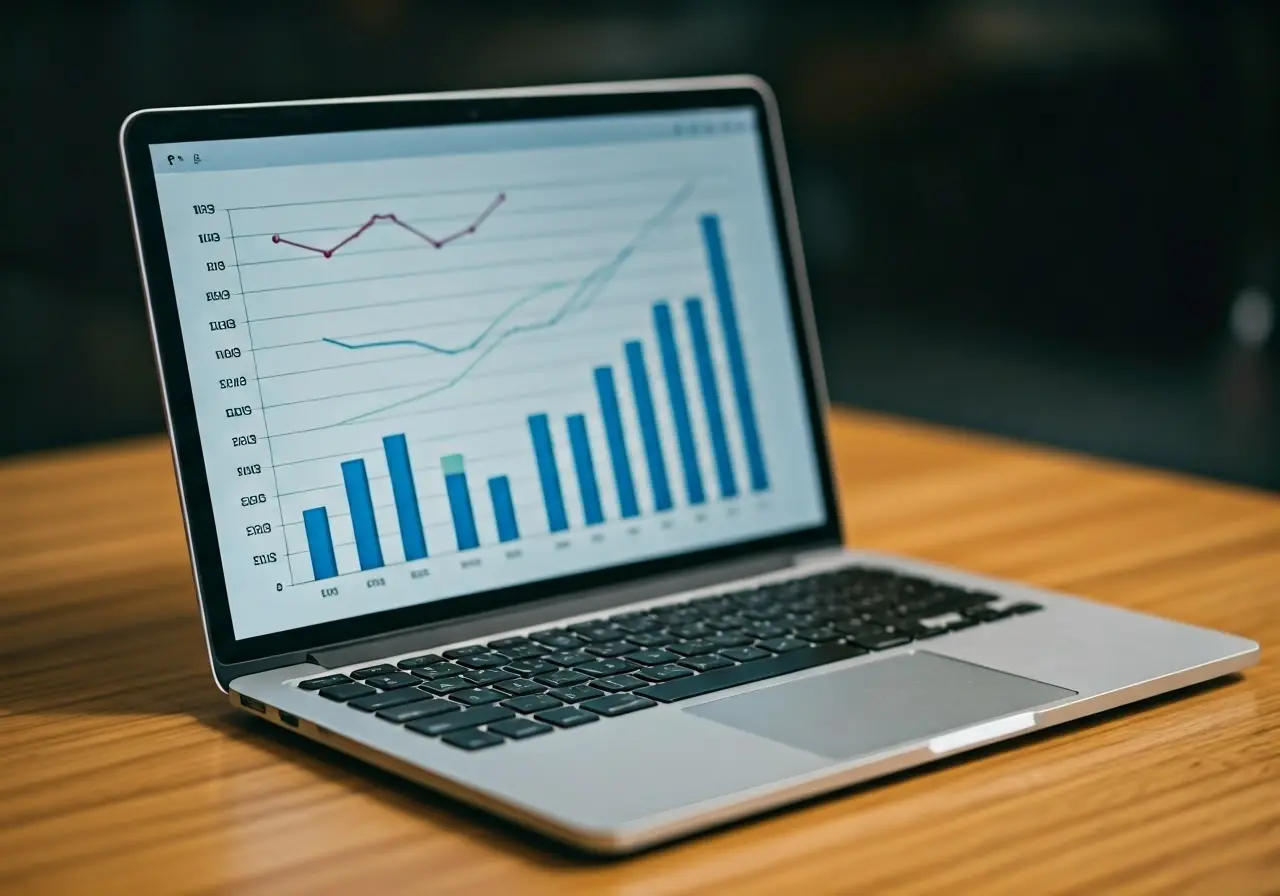 A laptop displaying marketing analytics graphs on a wooden desk. 35mm stock photo