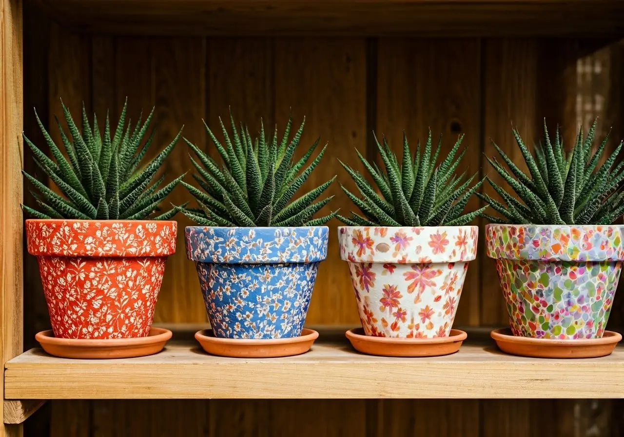 A collection of colorful handmade planters on wooden shelves. 35mm stock photo