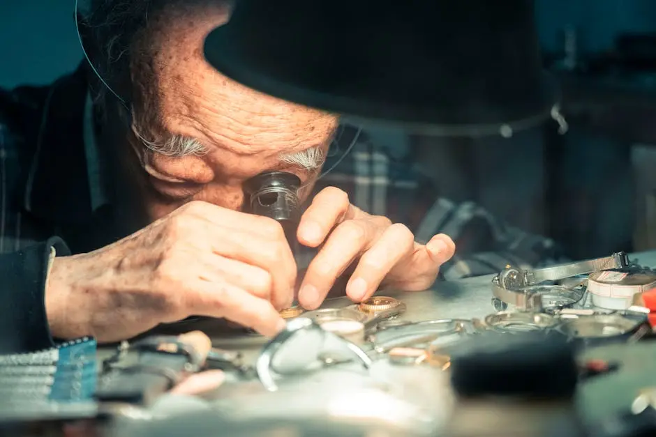 A skilled senior watchmaker examines wristwatches using a loupe under focused lighting.