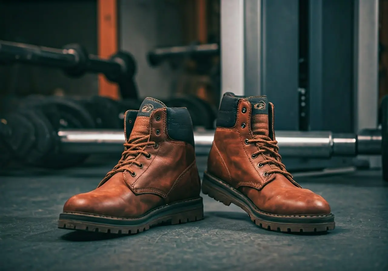 A pair of STARKFELD boots beside fitness equipment. 35mm stock photo