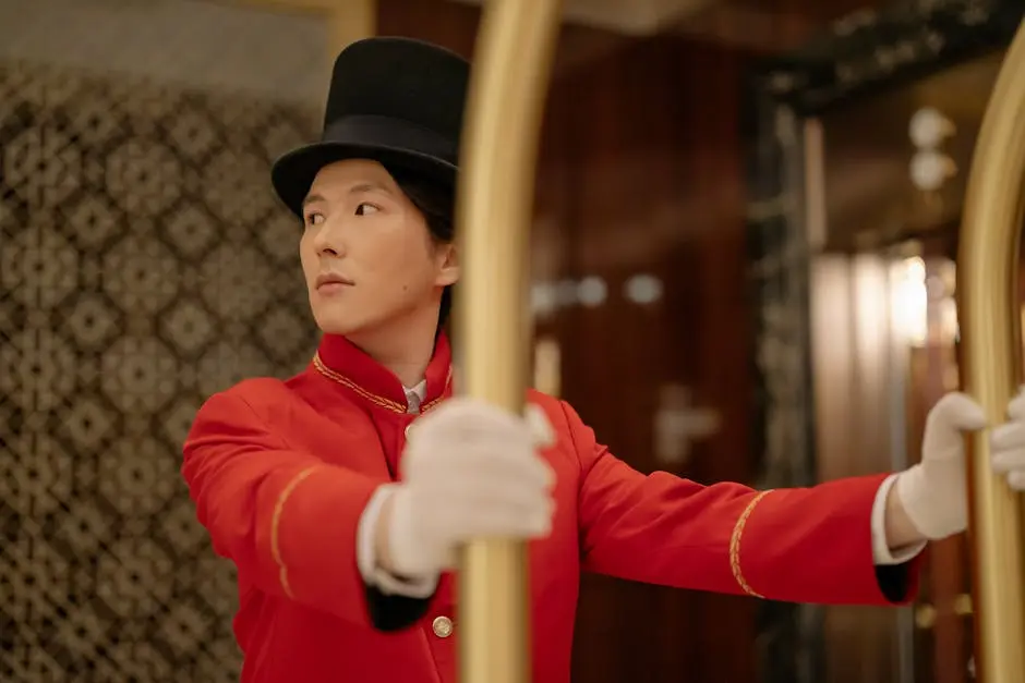 An attentive bellboy in a classic red uniform assists guests by pushing a luggage cart in a hotel lobby.