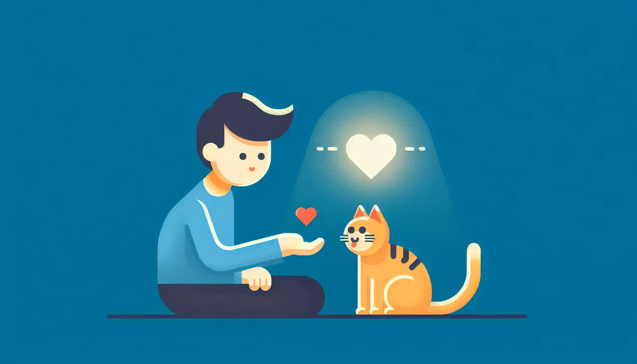 Draw a graphic in flat design style. A person sitting on the floor, offering a treat to a smiling cat with a heart above its head.