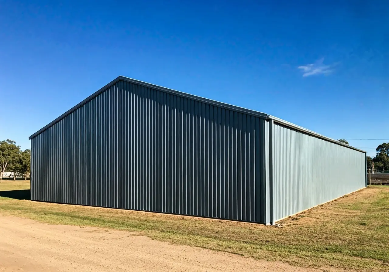 A clean, well-maintained Colorbond shed with blue skies. 35mm stock photo