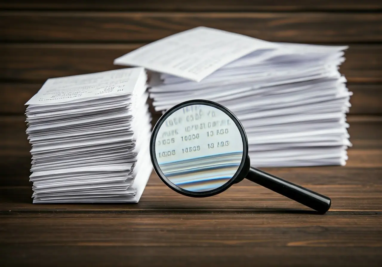 A magnifying glass hovering over a pile of paper receipts. 35mm stock photo