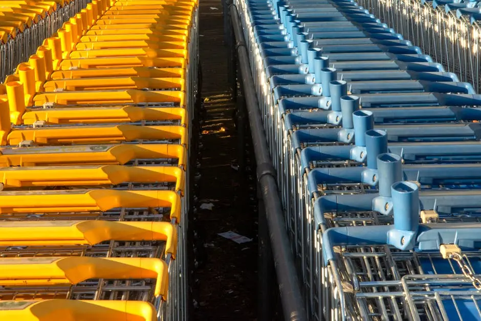 Bright yellow and blue shopping carts arranged in orderly rows outdoors.