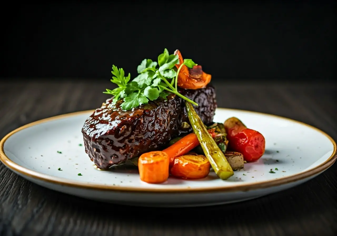 A gourmet dish of glazed bison steak with roasted vegetables. 35mm stock photo