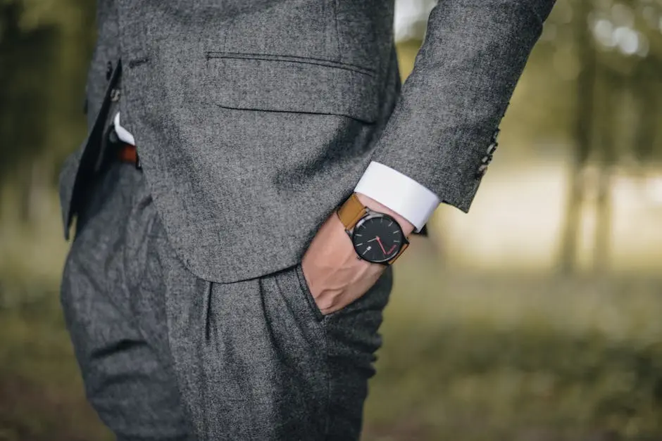 Close-up of a man in a tailored suit wearing an elegant wristwatch outdoors, exuding fashion and sophistication.