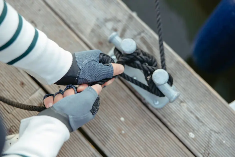 Close-up of hands in gloves tying a rope on a dock cleat, showcasing nautical skills.