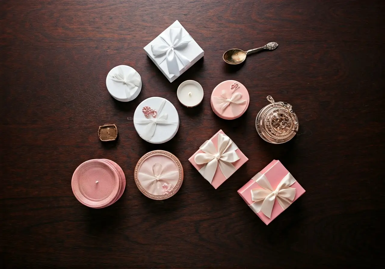 A beautifully arranged flat lay of bridal gift boxes. 35mm stock photo