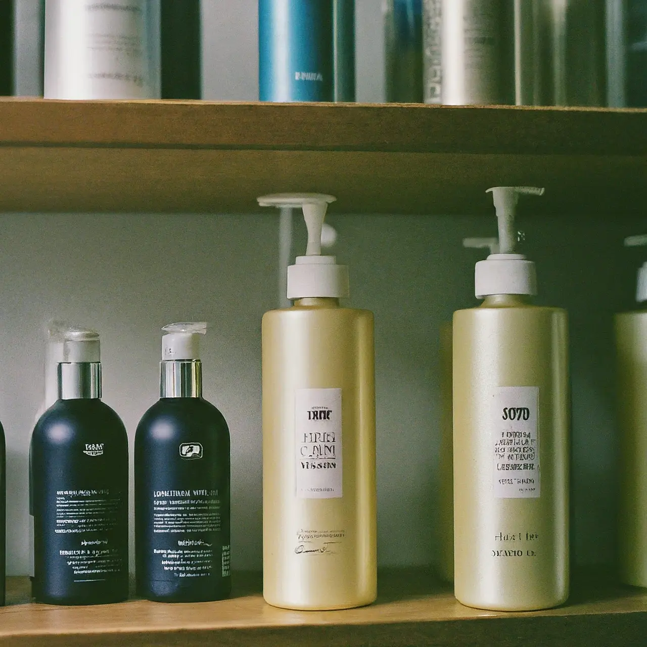 A variety of hair care products lined up on a shelf. 35mm stock photo