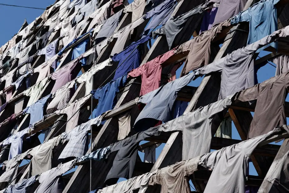 Colorful T-shirts hanging as an outdoor art installation on a sunny day.