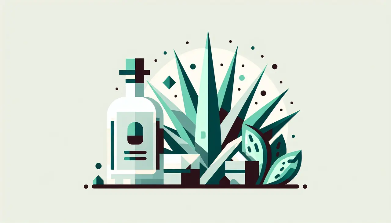 Draw a graphic in flat design style. Prompt: A flat design illustration of an agave plant with a bottle of tequila beside it, with simple shapes and minimal colors to represent the production process.