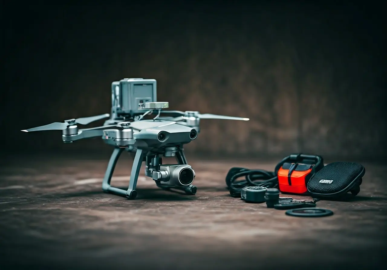 A DJI drone with various agricultural accessories lying beside it. 35mm stock photo