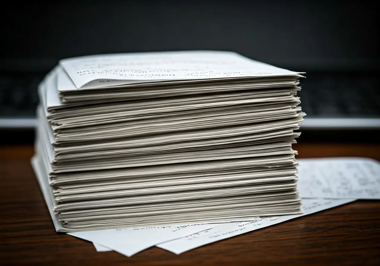 A cluttered desk with neatly stacked receipts and warranty cards. 35mm stock photo