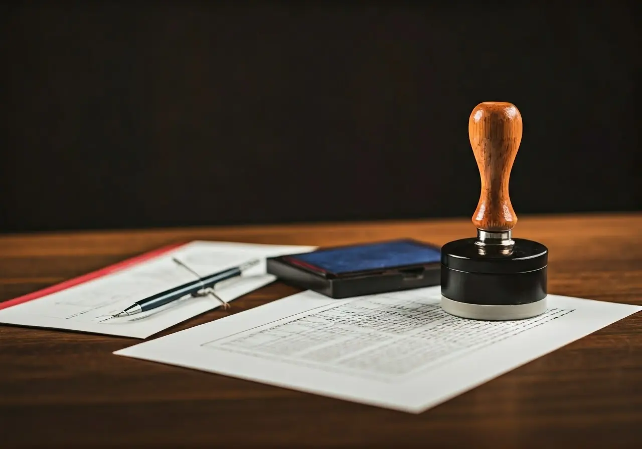 An embosser stamp, ink pad, and paper on a desk. 35mm stock photo