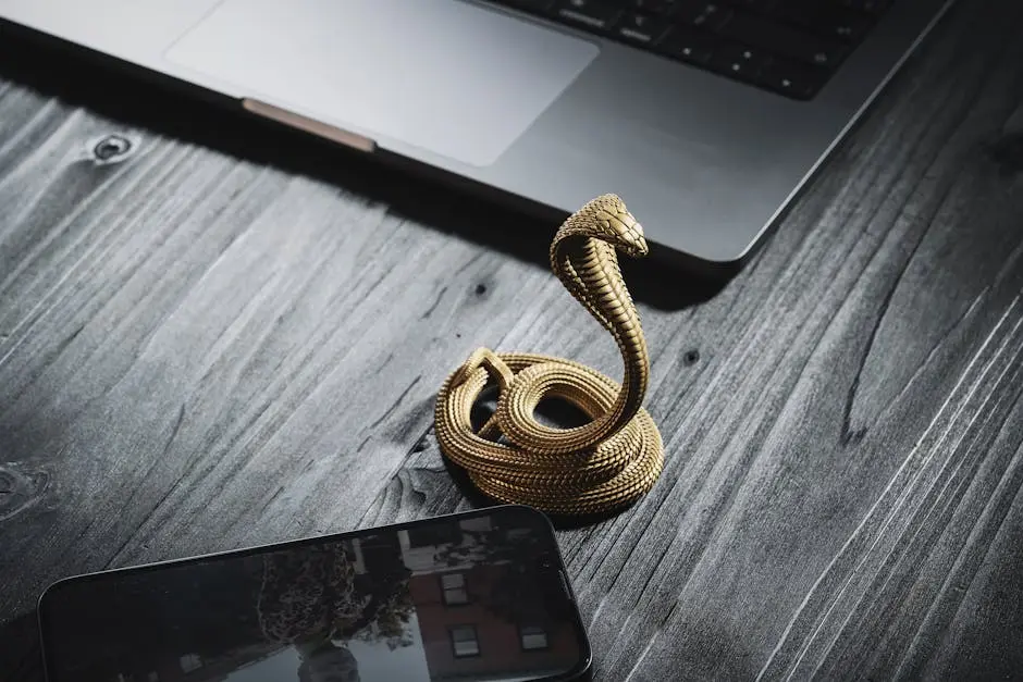 A Golden Cobra Phone Stand Standing on a Desk next to a Laptop and Smartphone