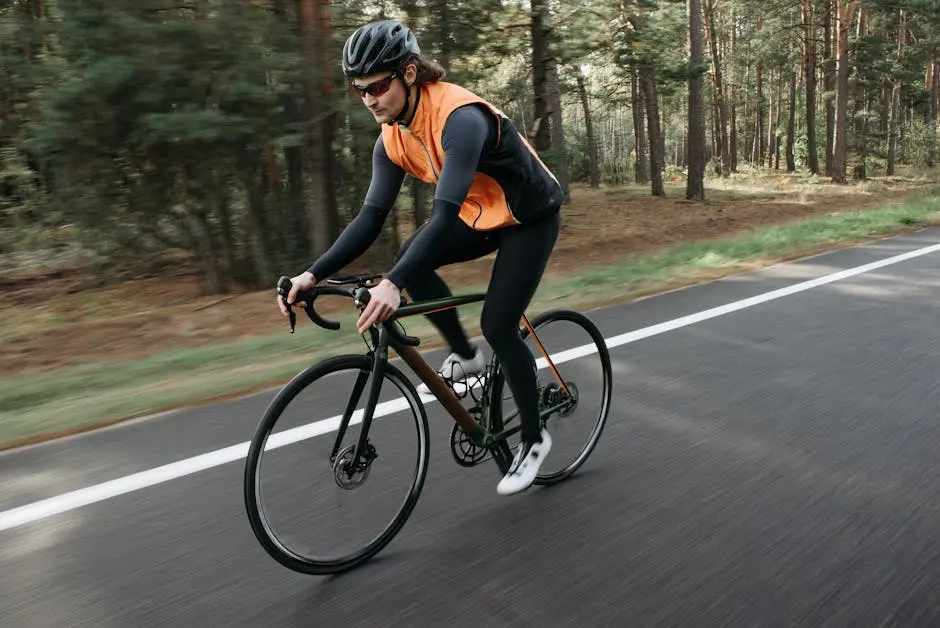 A cyclist clad in activewear rides through a serene forest road, showcasing speed and focus.