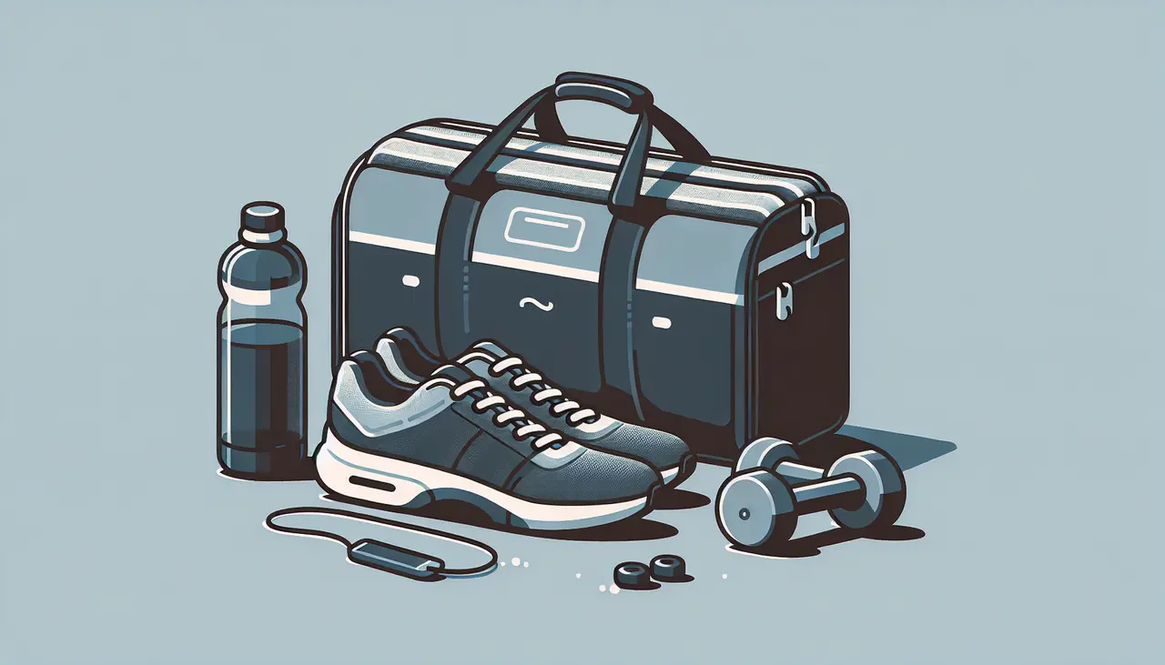 Draw a graphic in flat design style. A minimalistic flat design image of an office gym bag next to a pair of sneakers and dumbbells.